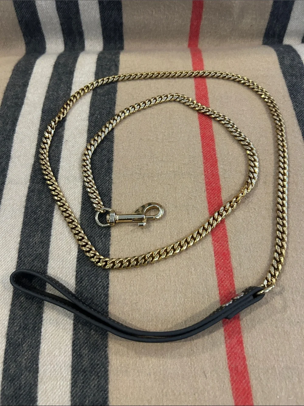 Gold Plated Cuban Chain Dog Leash With Black Leather Handle NWOT